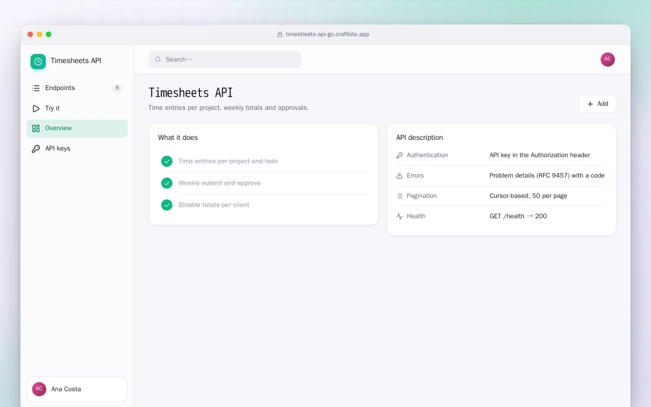 Timesheets API (Go): the Timesheets API screen
