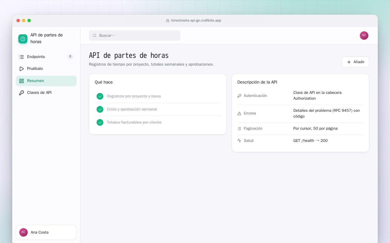 API de partes de horas (Go): la pantalla API de partes de horas