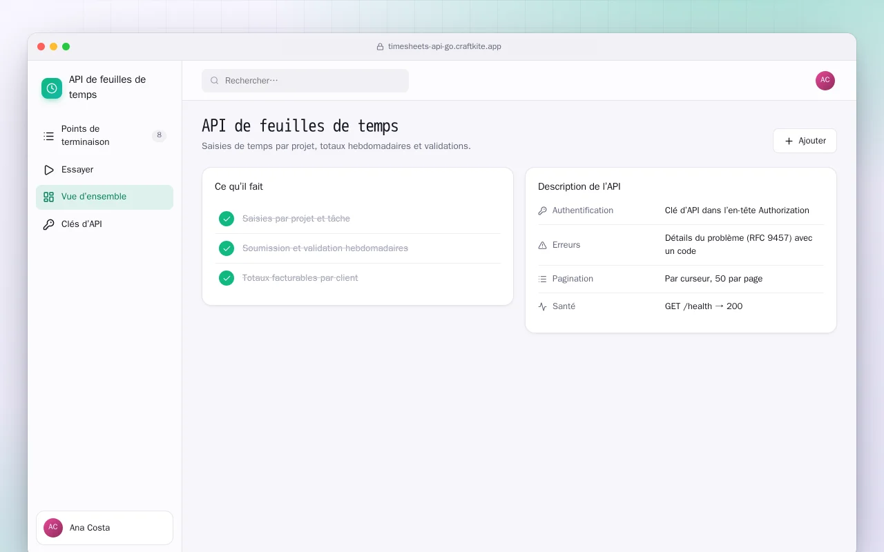 API de feuilles de temps (Go) : l’écran API de feuilles de temps