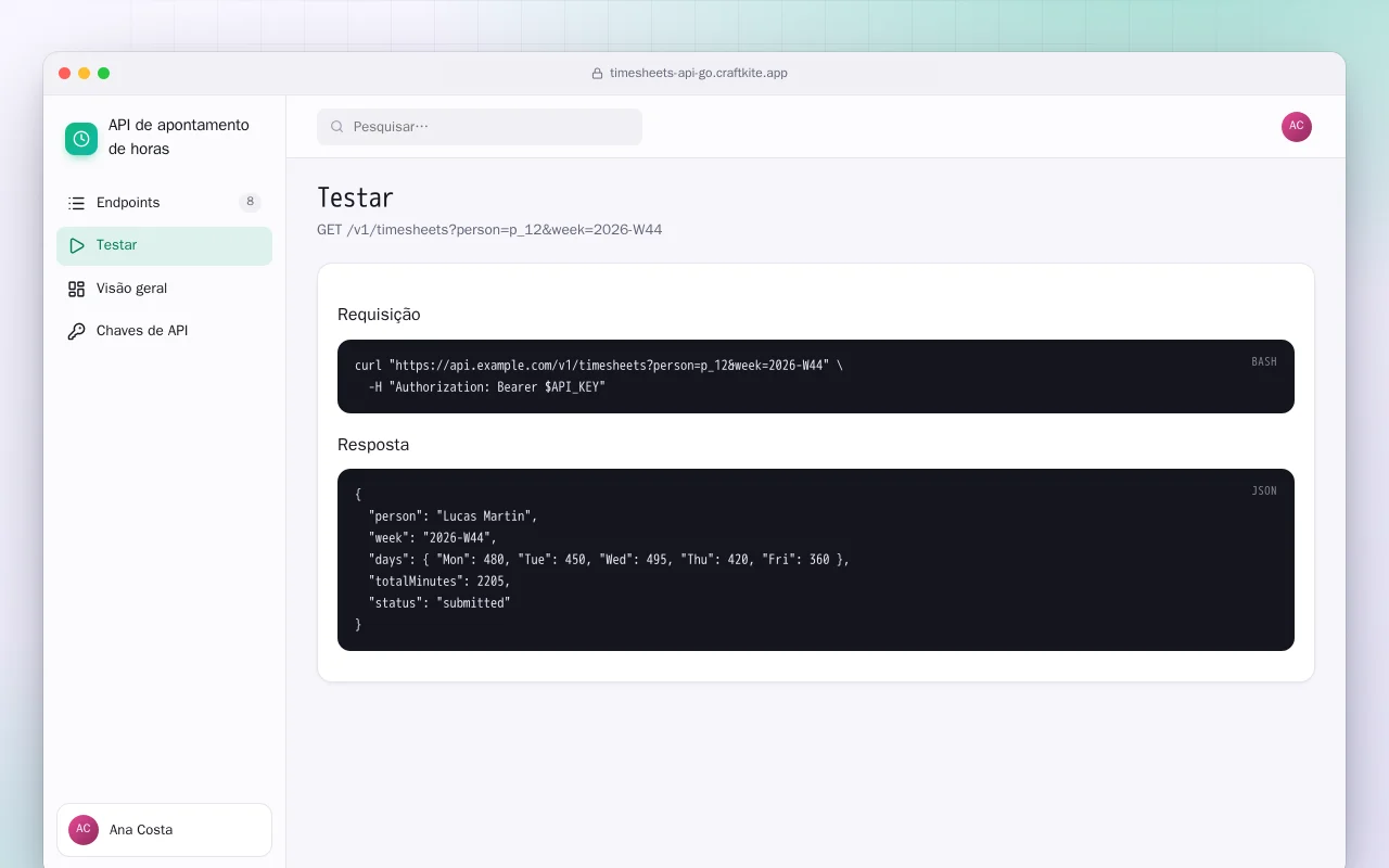 API de apontamento de horas (Go): a tela Testar