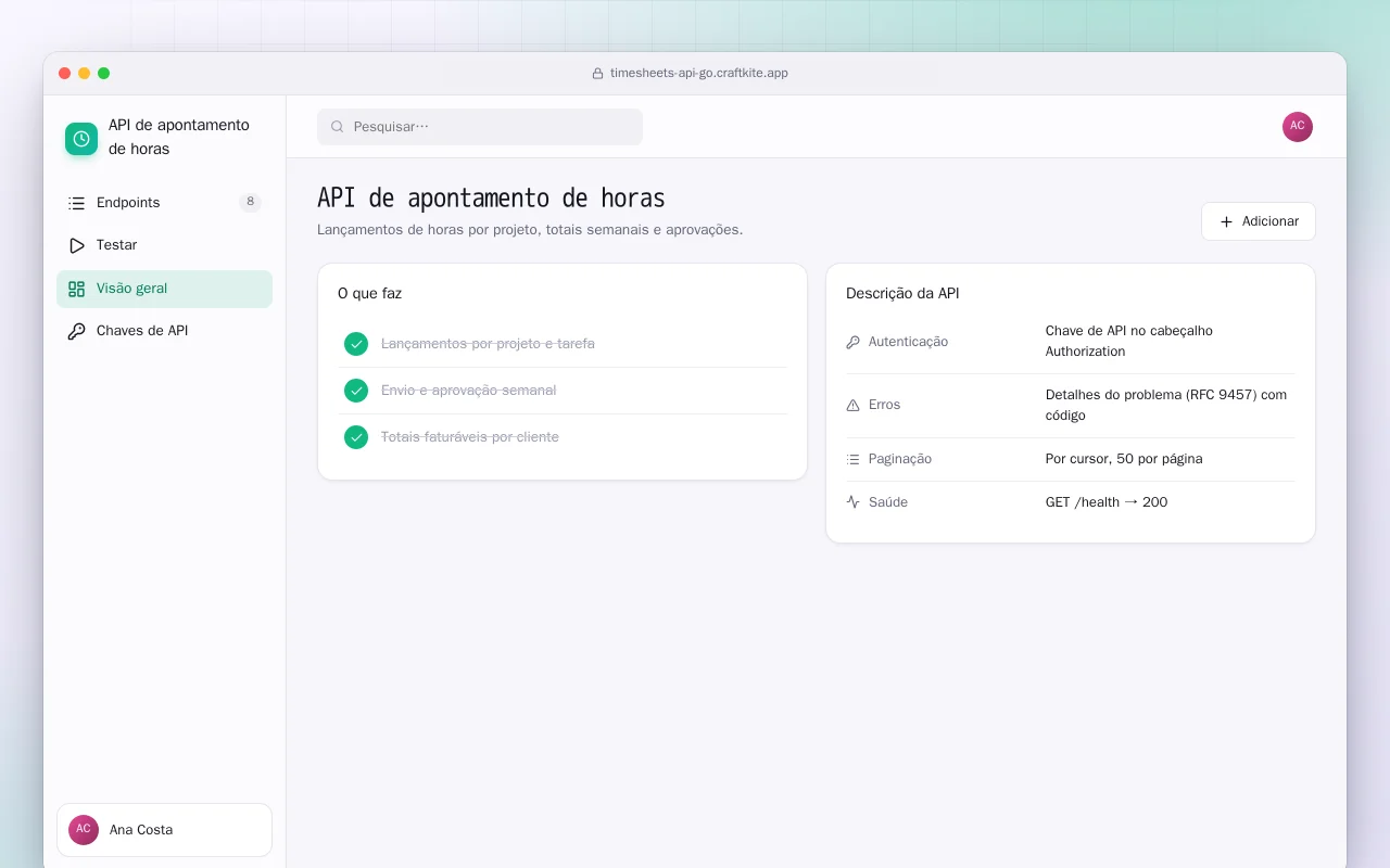 API de apontamento de horas (Go): a tela API de apontamento de horas