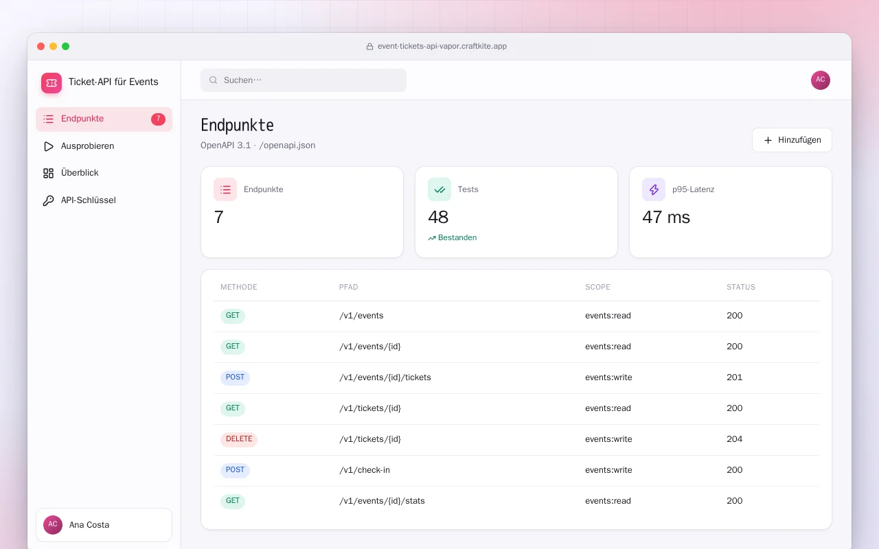 Ticket-API für Events (Vapor): der Bildschirm „Endpunkte“
