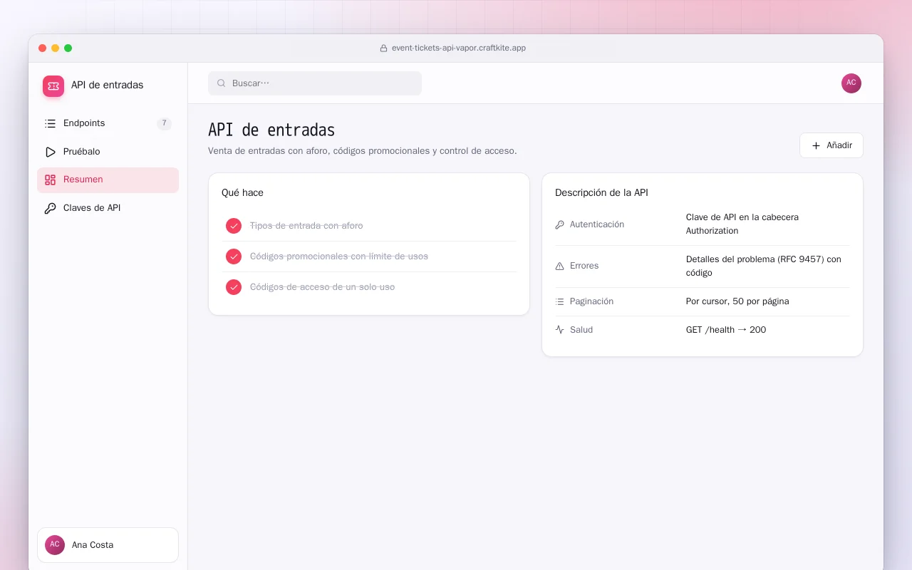 API de entradas (Vapor): la pantalla API de entradas
