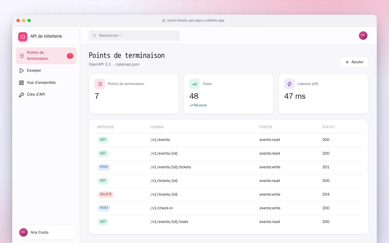 API de billetterie (Vapor) : l’écran Points de terminaison