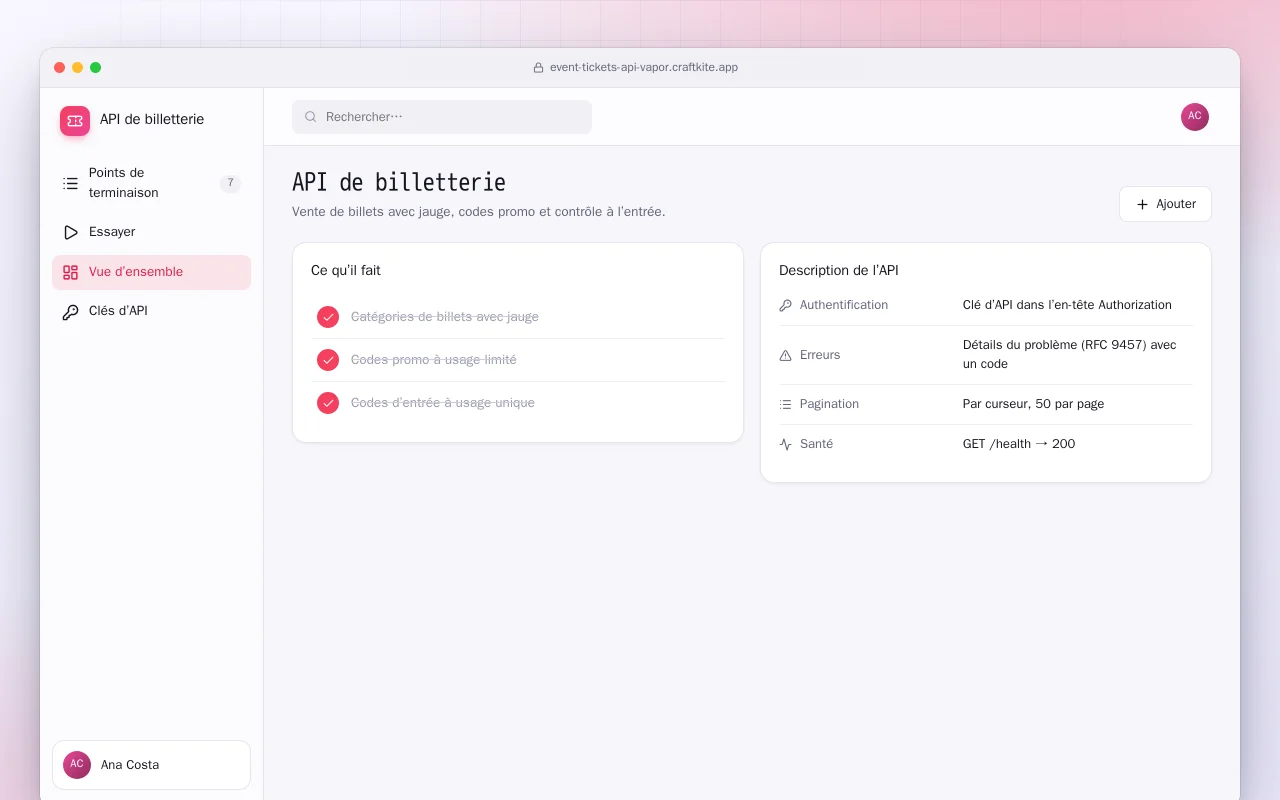 API de billetterie (Vapor) : l’écran API de billetterie