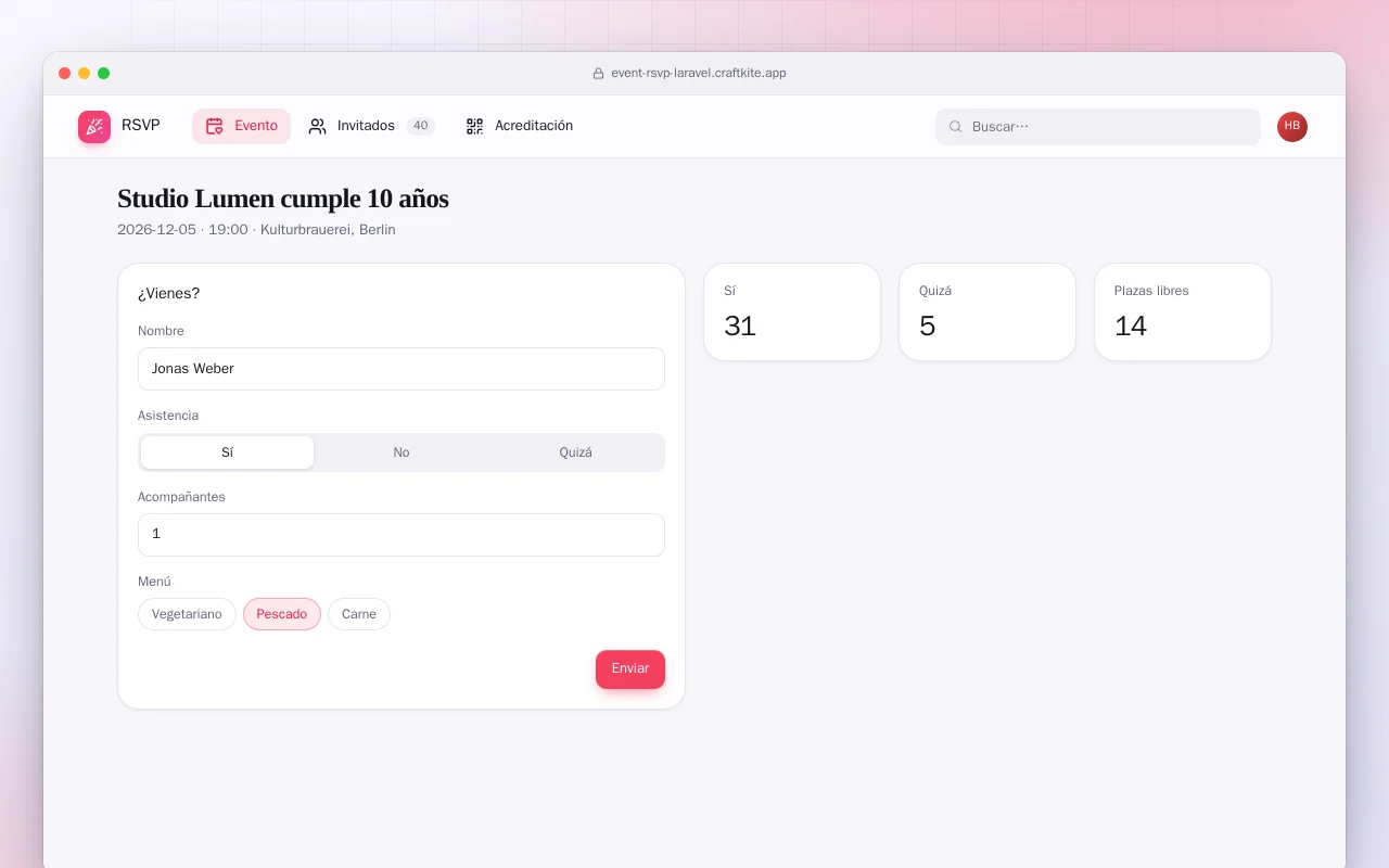 Confirmaciones de evento (Laravel): la pantalla Studio Lumen cumple 10 años