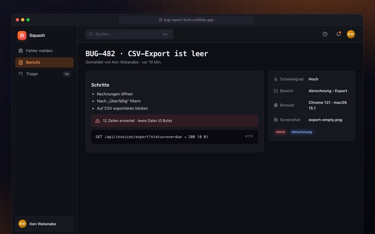 Fehlermeldeformular: der Bildschirm „BUG-482 · CSV-Export ist leer“