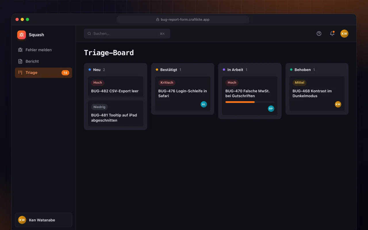 Fehlermeldeformular: der Bildschirm „Triage-Board“