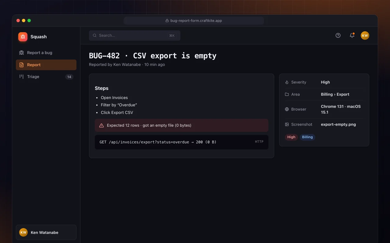 Bug report form: the BUG-482 · CSV export is empty screen