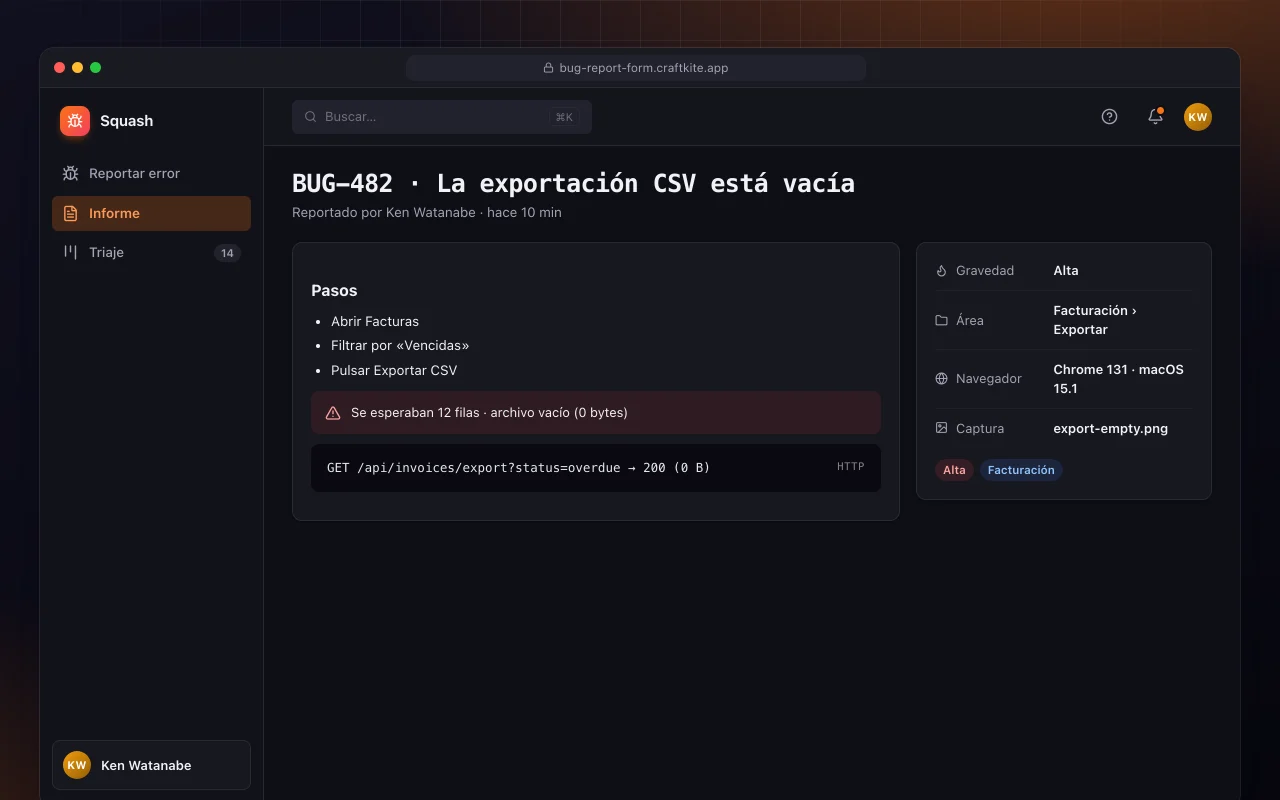 Formulario de informe de errores: la pantalla BUG-482 · La exportación CSV está vacía