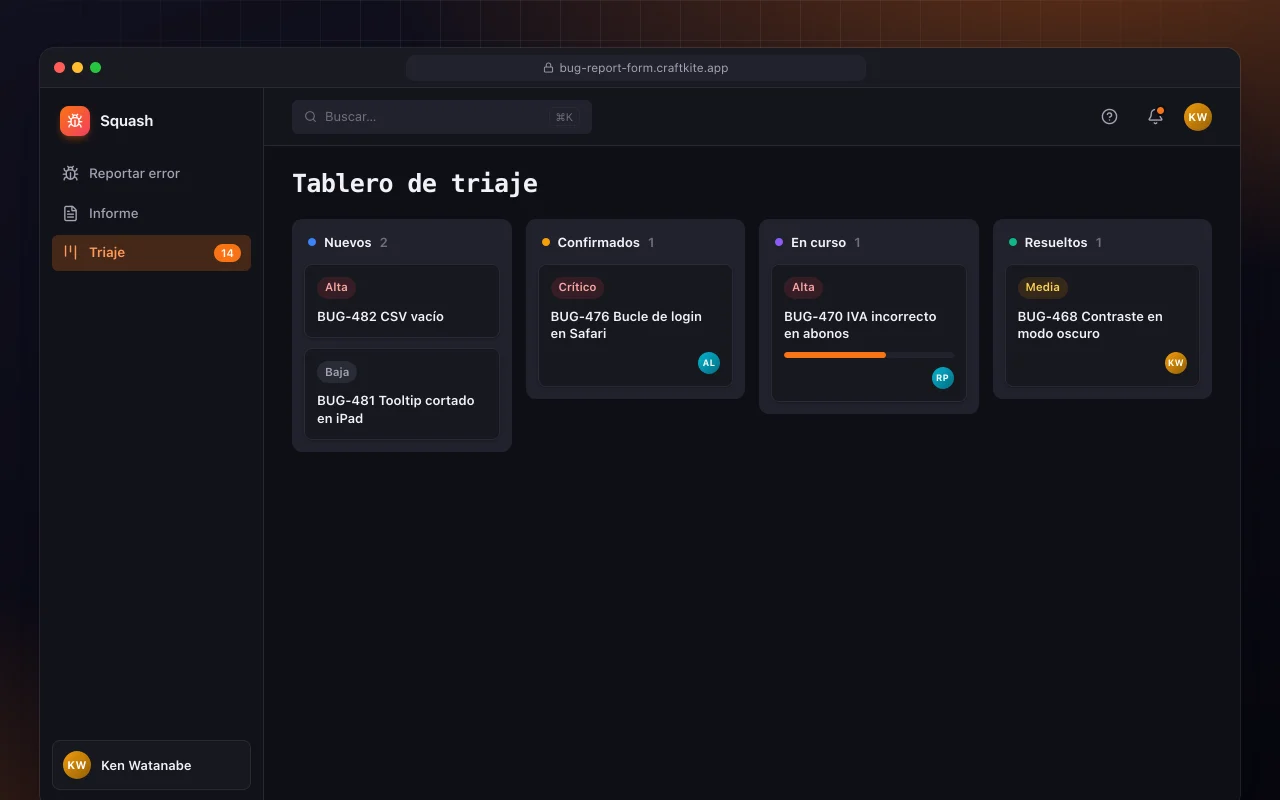 Formulario de informe de errores: la pantalla Tablero de triaje