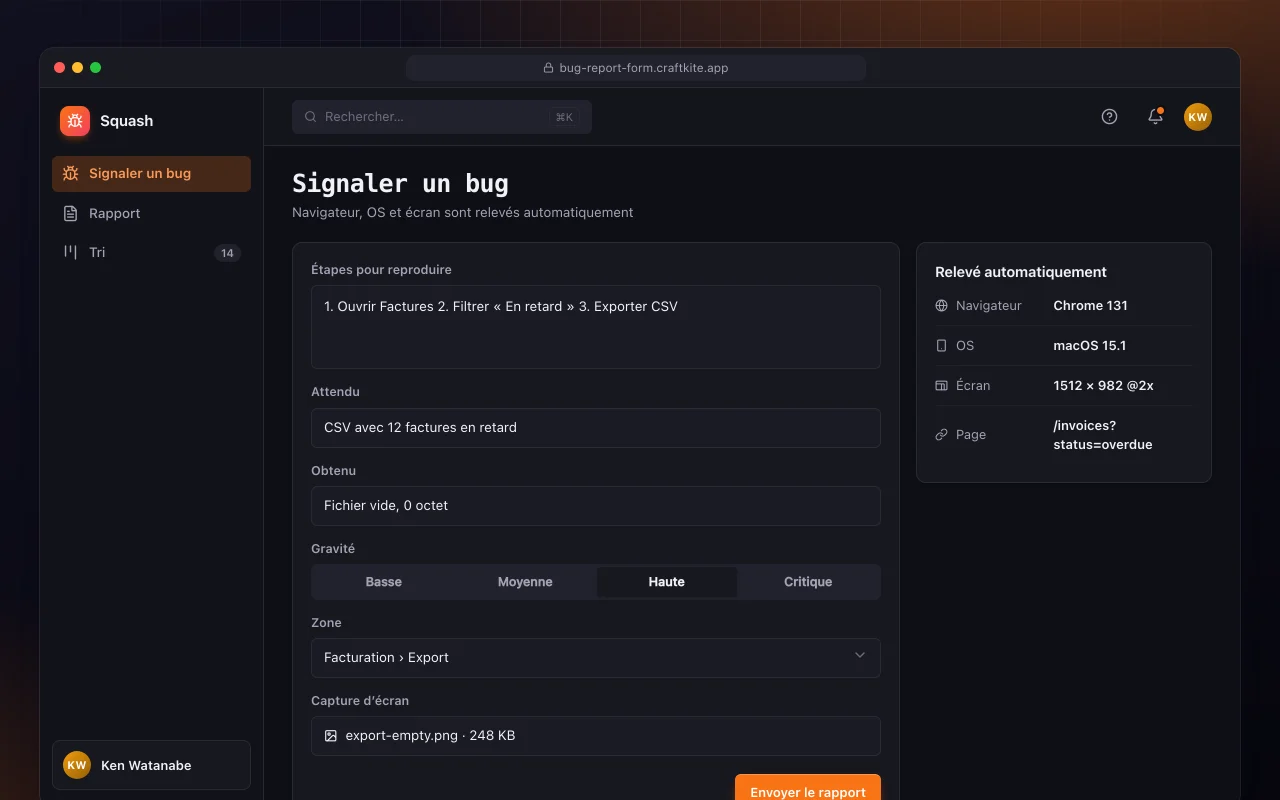 Formulaire de signalement de bug : l’écran Signaler un bug