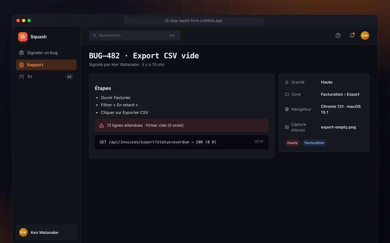 Formulaire de signalement de bug : l’écran BUG-482 · Export CSV vide
