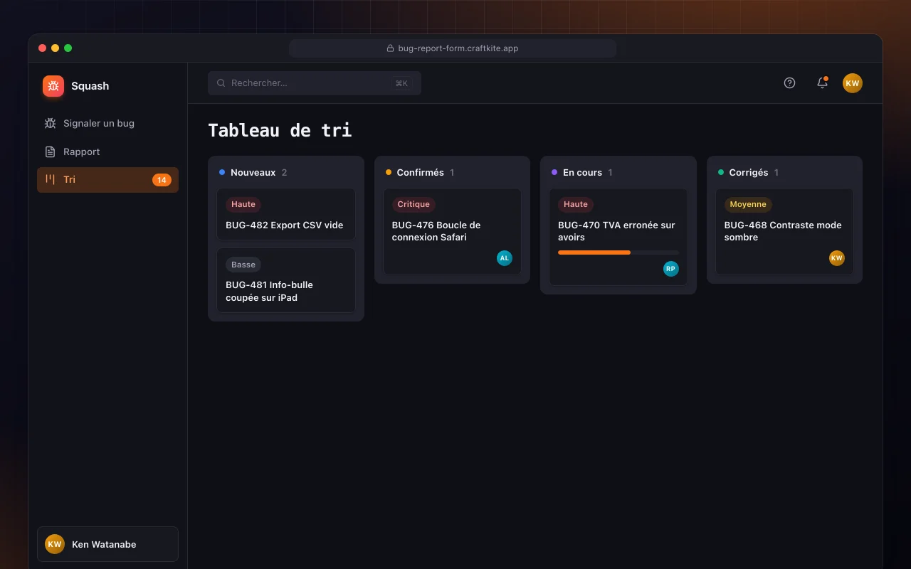 Formulaire de signalement de bug : l’écran Tableau de tri