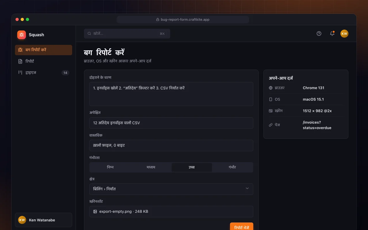 बग रिपोर्ट फ़ॉर्म: बग रिपोर्ट करें स्क्रीन