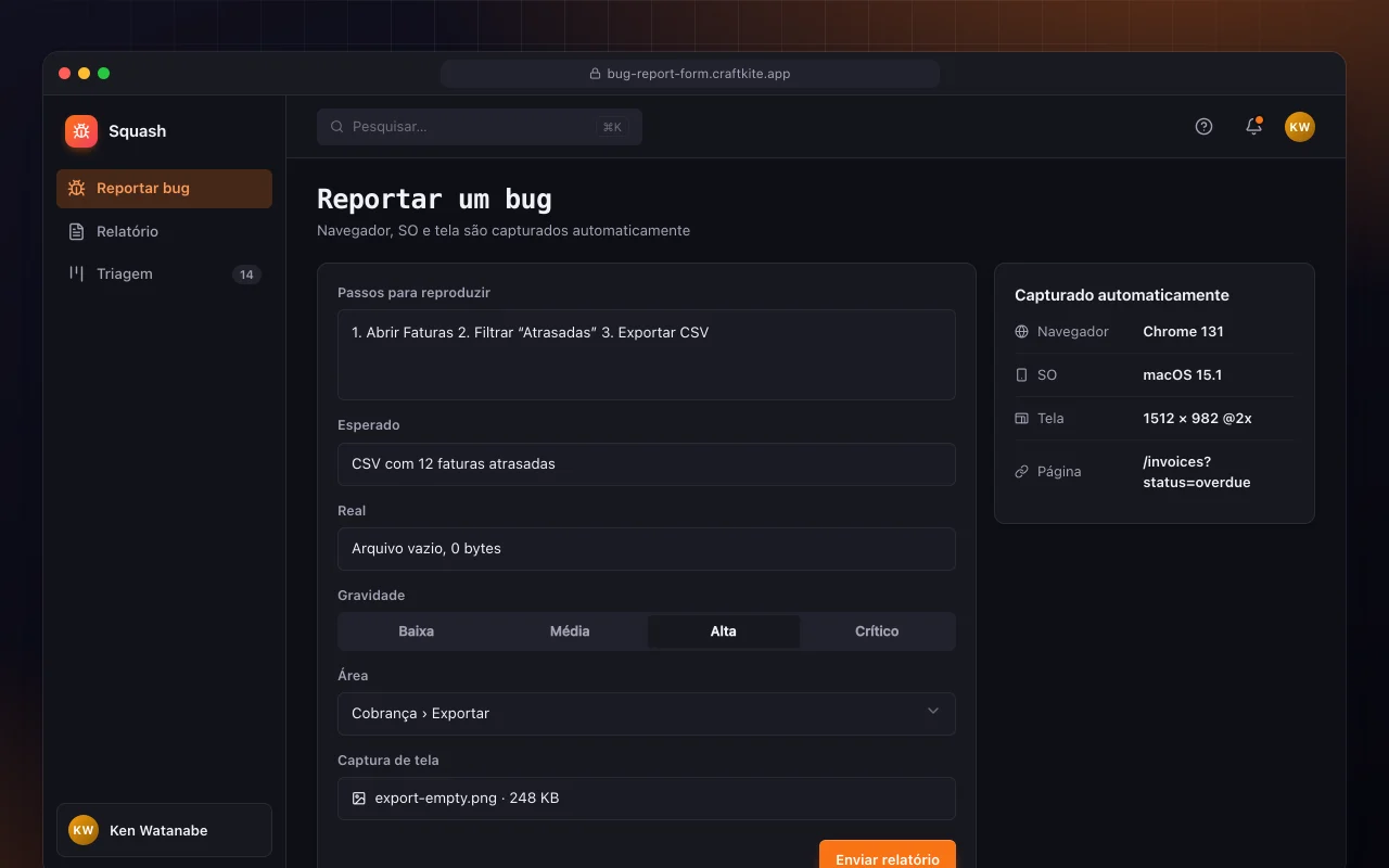 Formulário de relato de bugs: a tela Reportar um bug