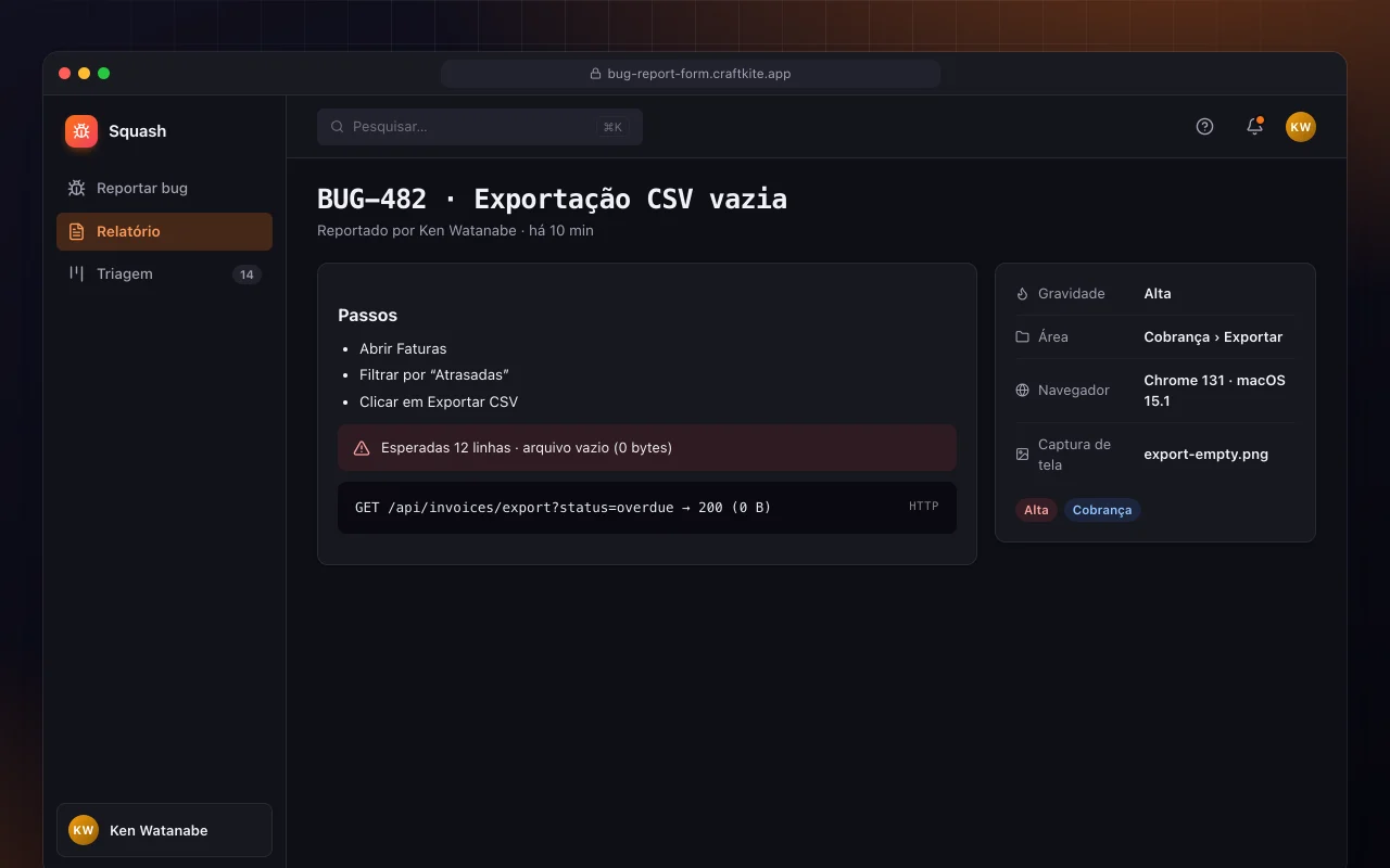 Formulário de relato de bugs: a tela BUG-482 · Exportação CSV vazia