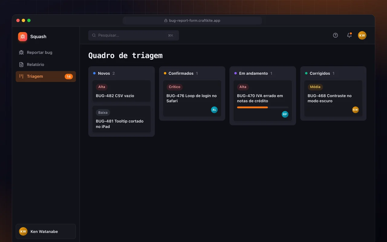 Formulário de relato de bugs: a tela Quadro de triagem