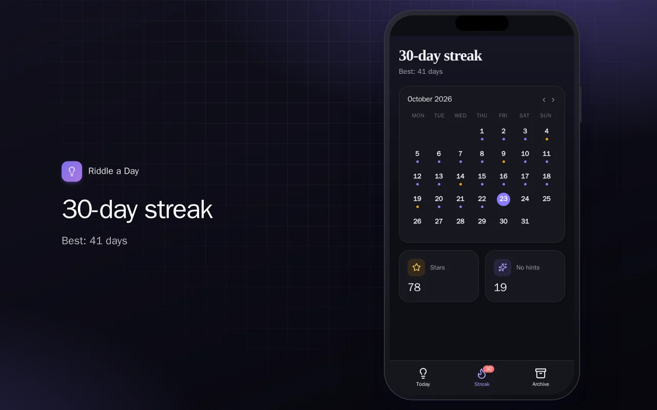 Daily riddle challenge: the 30-day streak screen