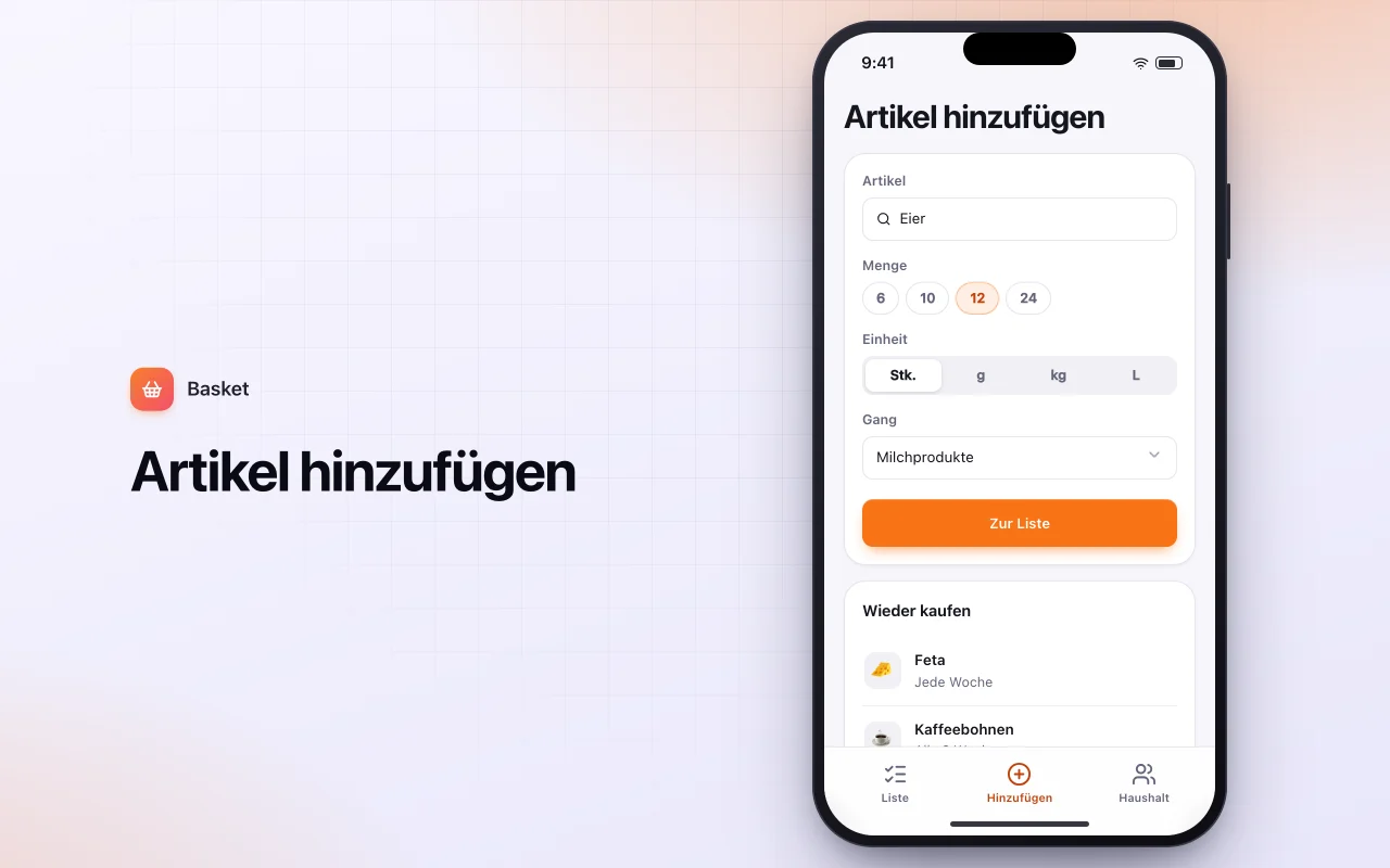Gemeinsame Einkaufsliste: der Bildschirm „Artikel hinzufügen“