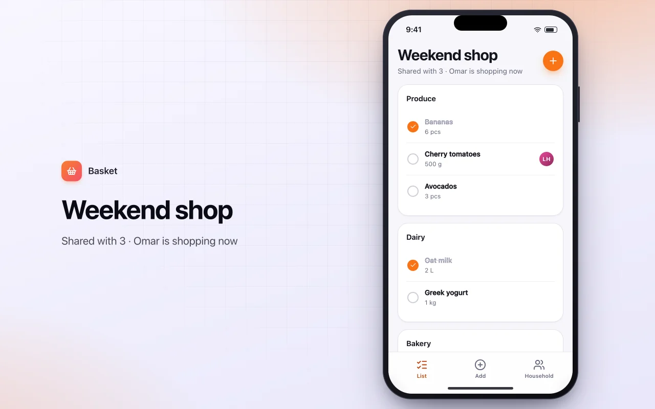 Shared grocery list: the Weekend shop screen