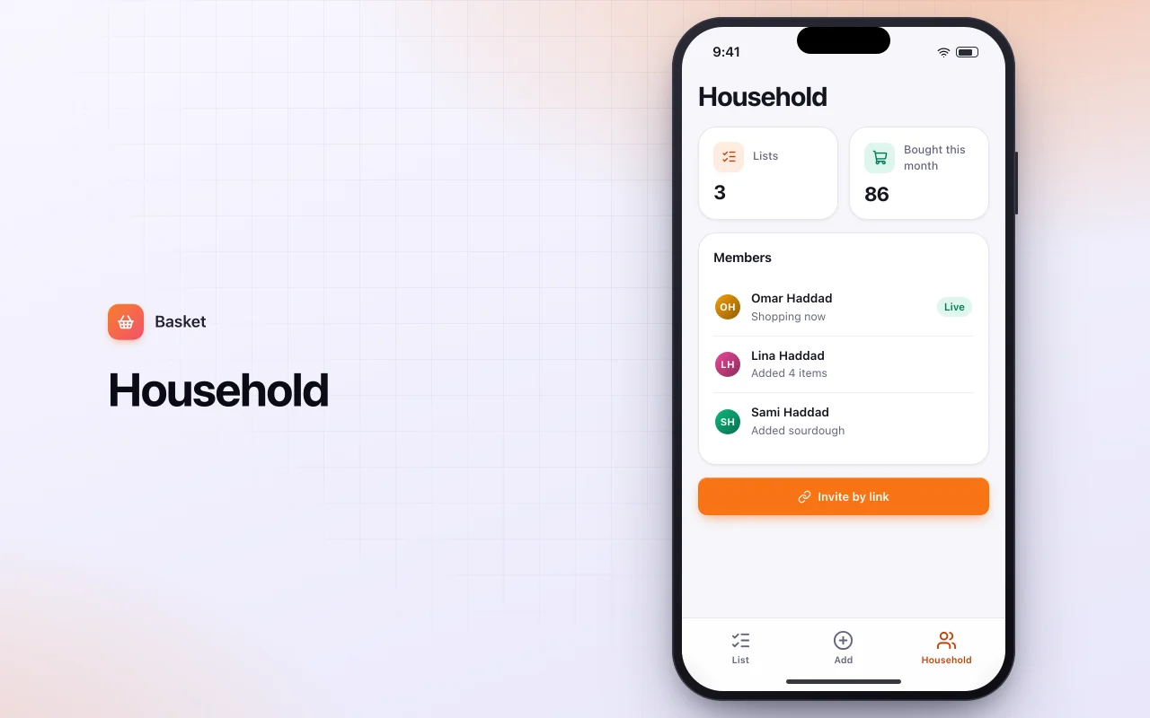Shared grocery list: the Household screen