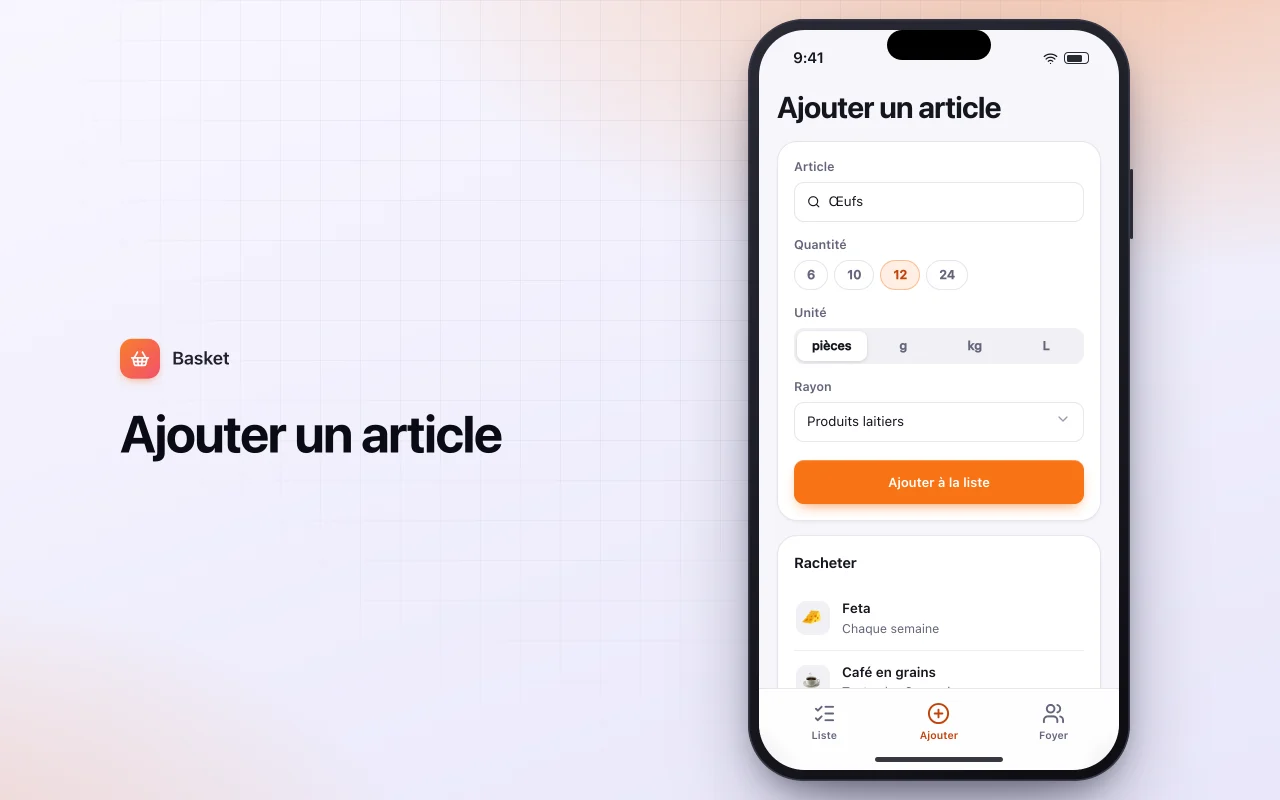 Liste de courses partagée : l’écran Ajouter un article