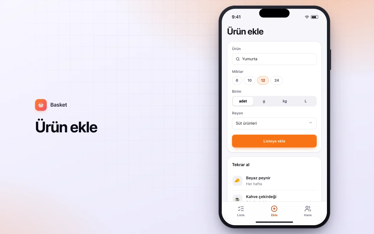 Ortak alışveriş listesi: Ürün ekle ekranı