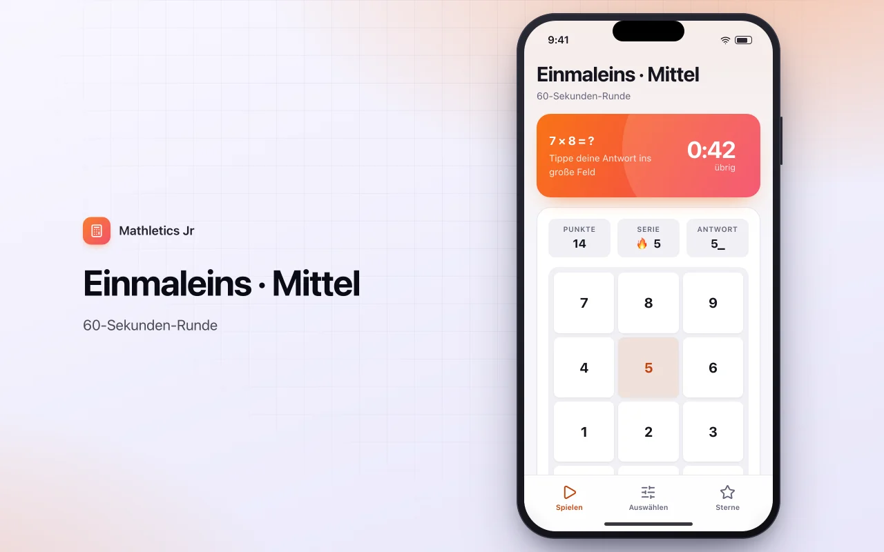 Mathe-Übungsrunden: der Bildschirm „Einmaleins · Mittel“