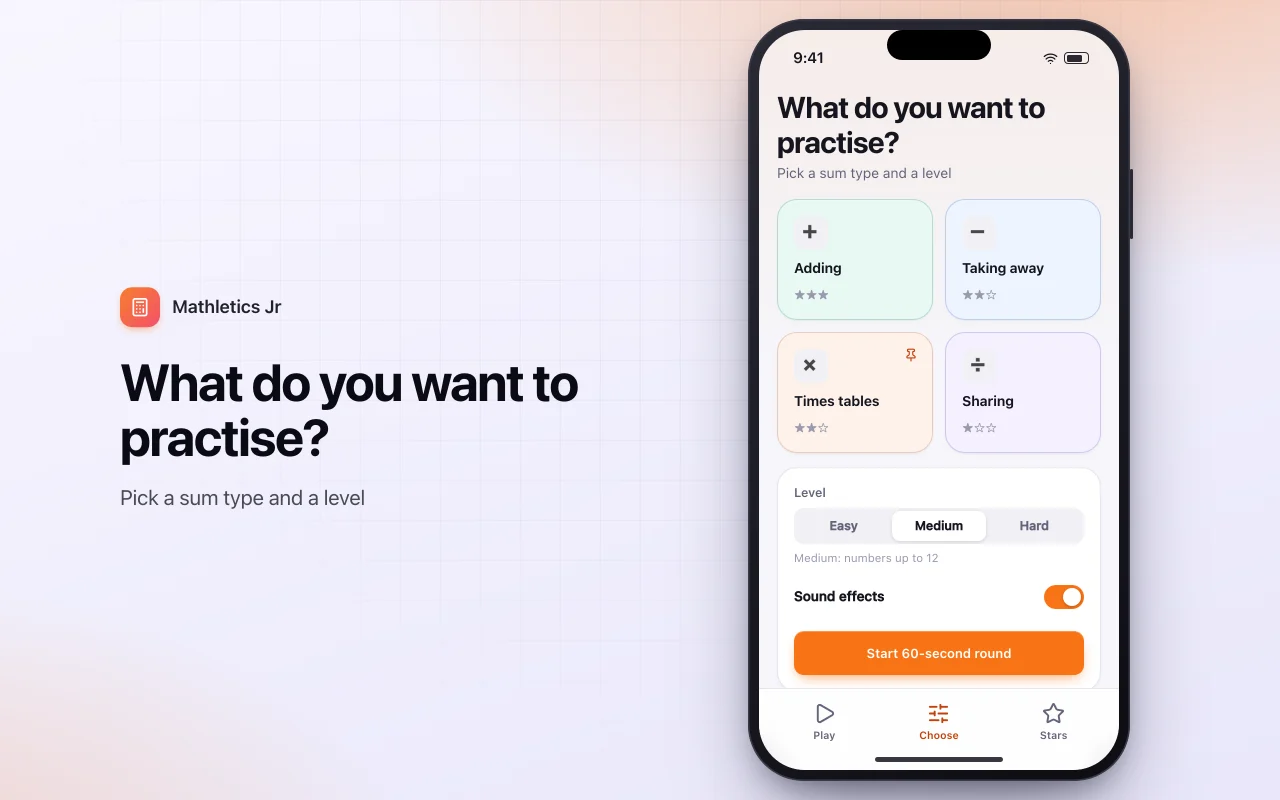 Math practice drills: the What do you want to practise? screen