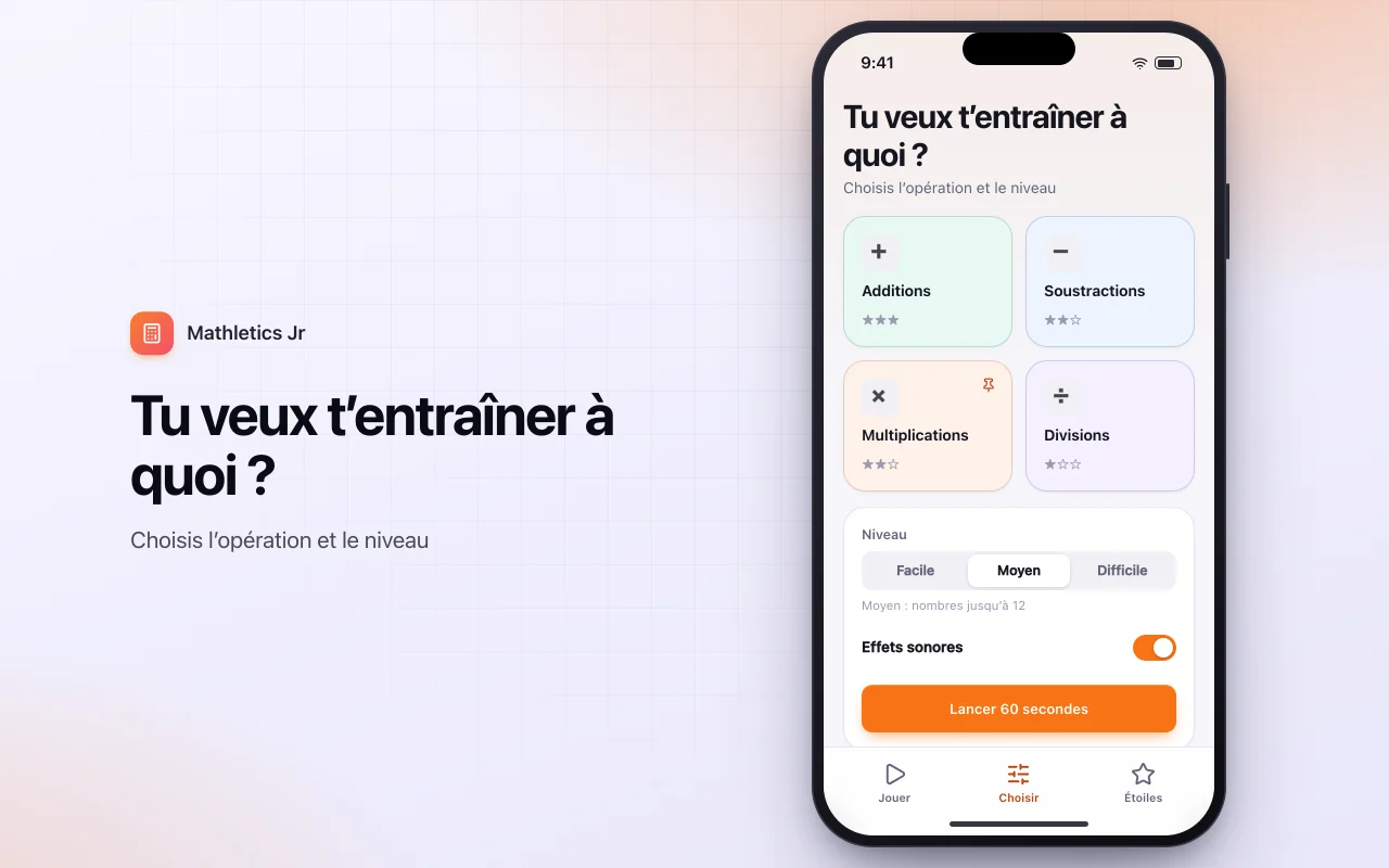Exercices de calcul mental : l’écran Tu veux t’entraîner à quoi ?