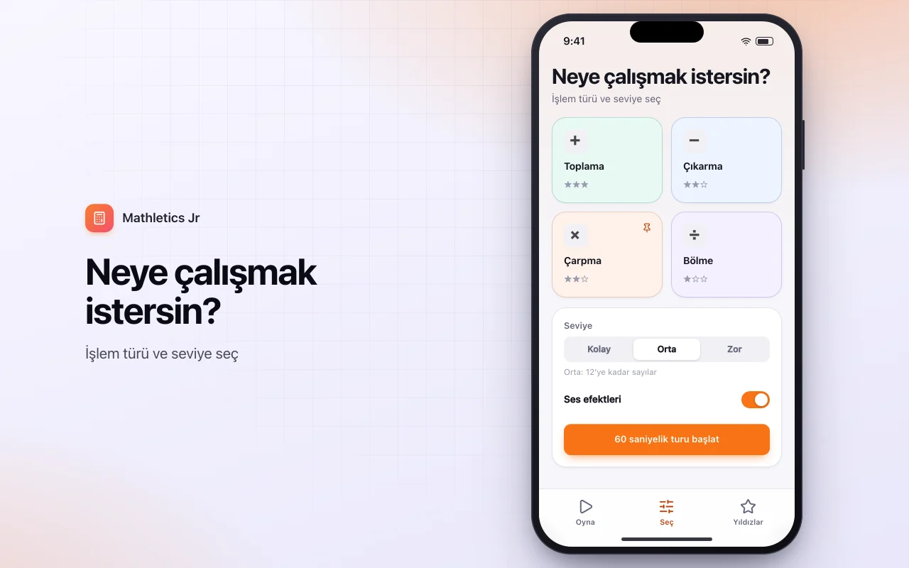 Matematik alıştırmaları: Neye çalışmak istersin? ekranı