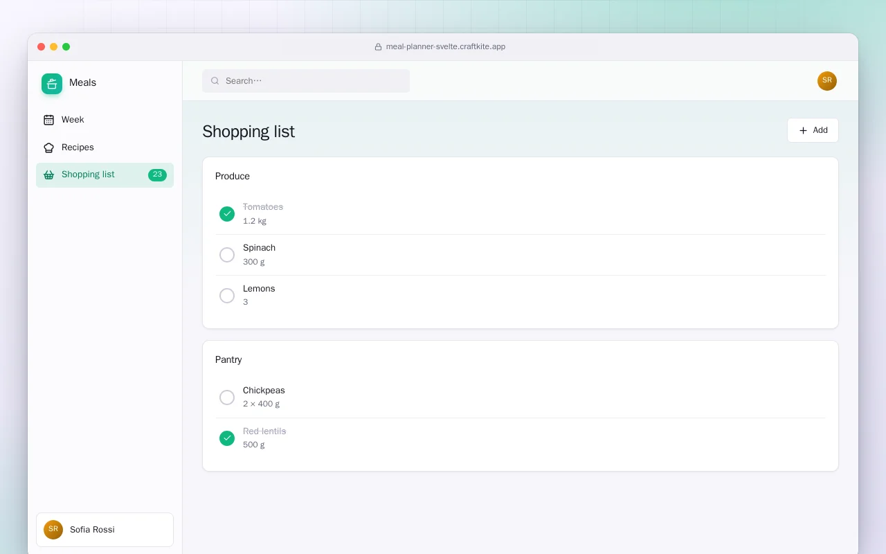 Meal Planner (SvelteKit): the Shopping list screen