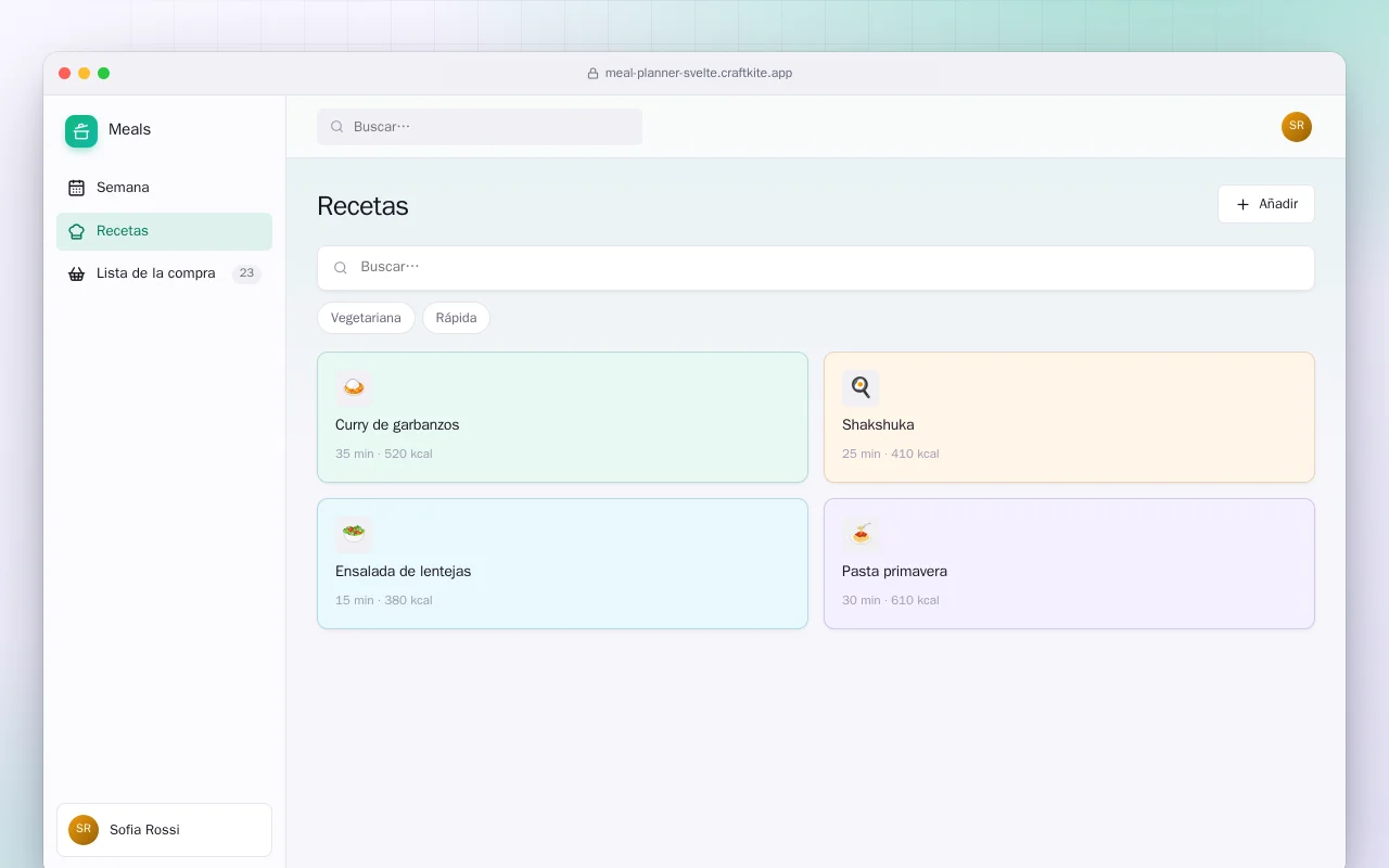Planificador de comidas (SvelteKit): la pantalla Recetas