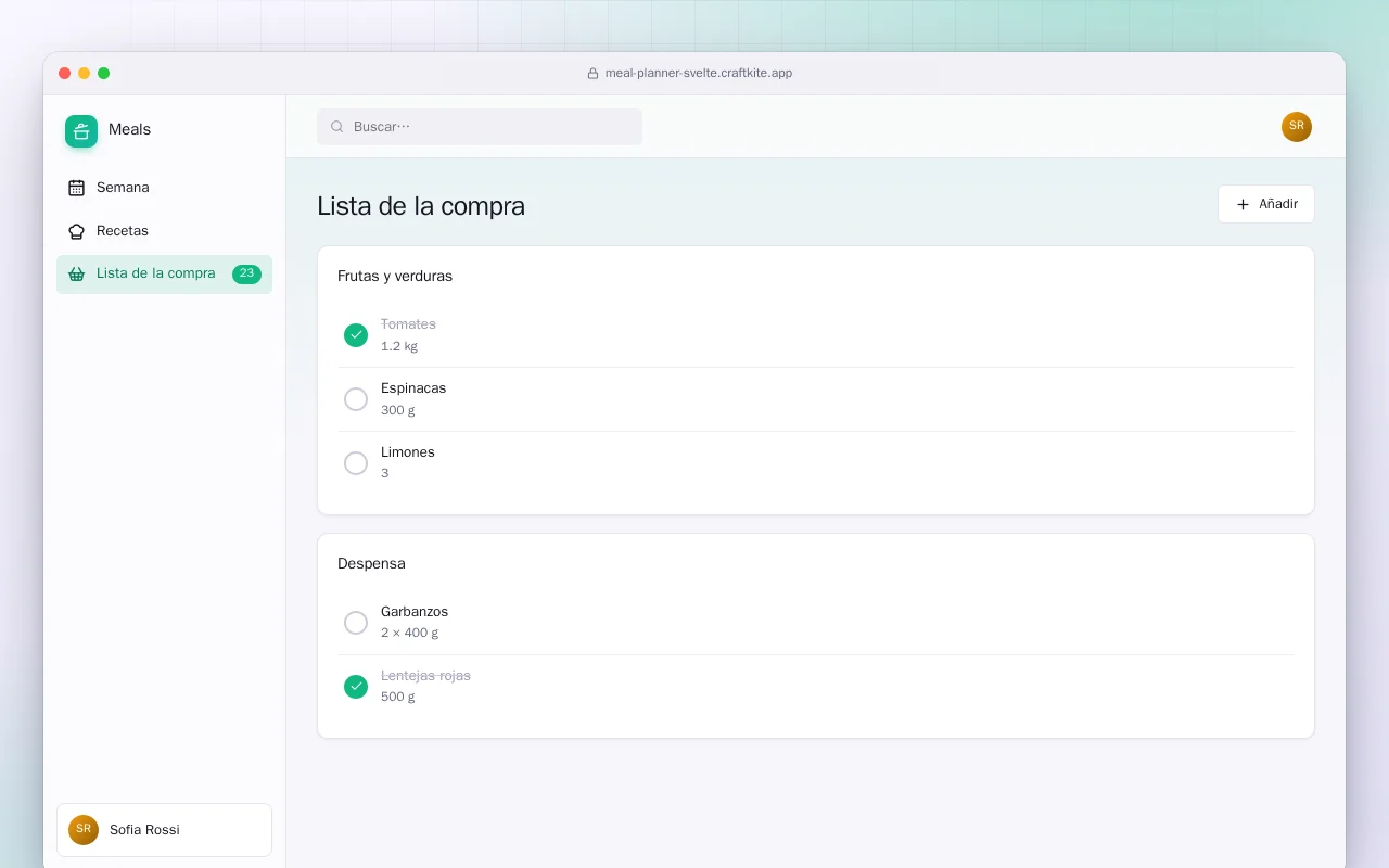Planificador de comidas (SvelteKit): la pantalla Lista de la compra