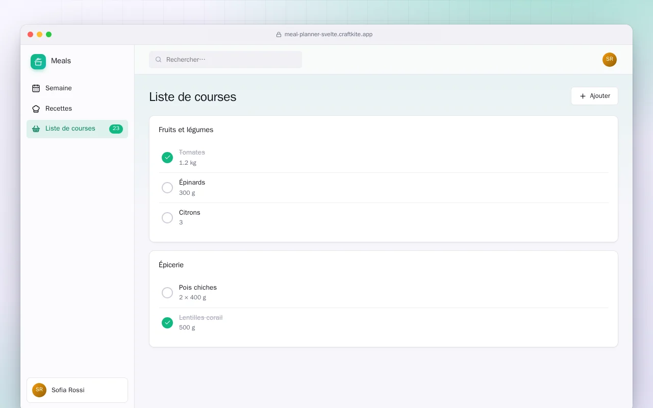 Planificateur de repas (SvelteKit) : l’écran Liste de courses