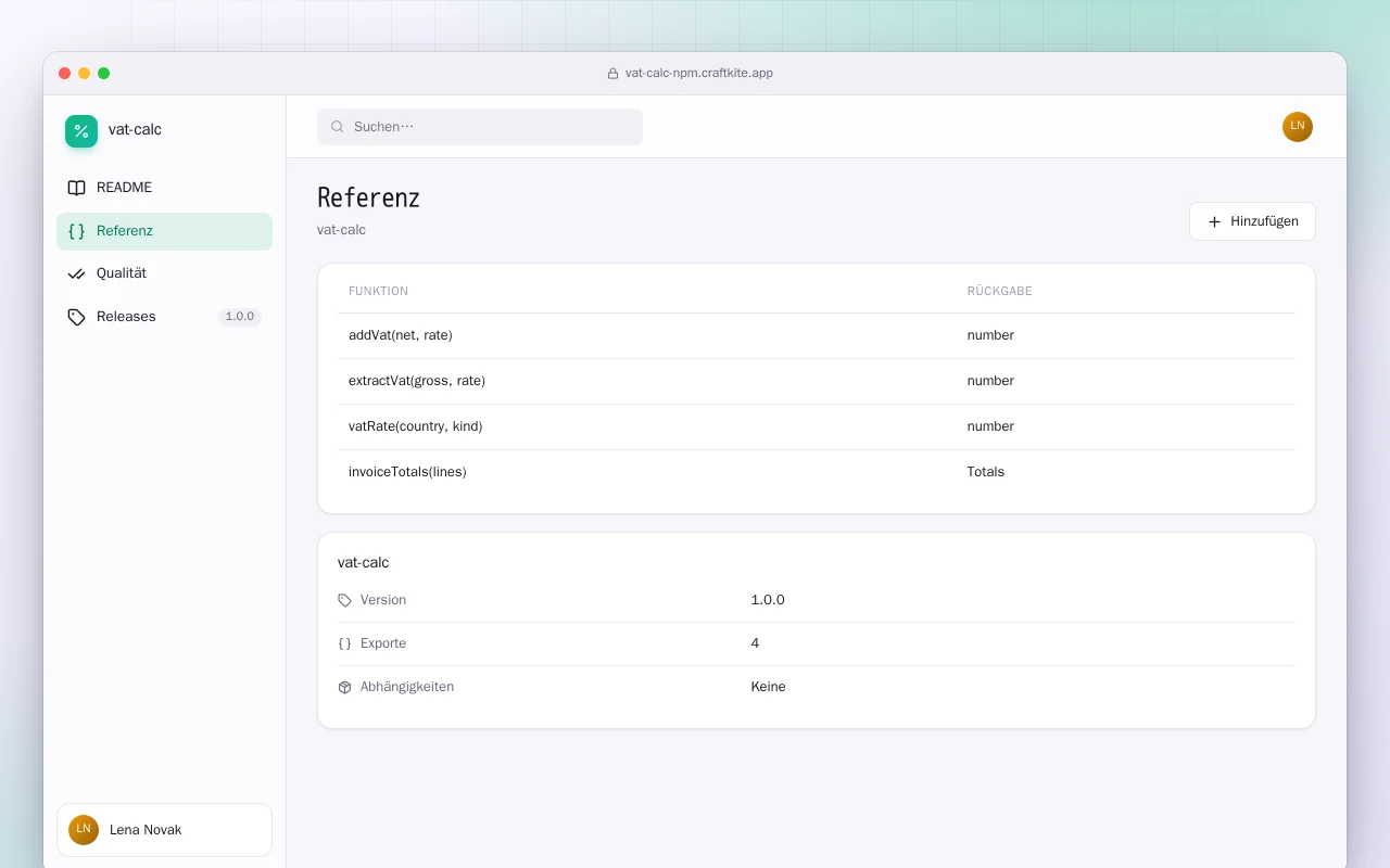 MwSt-Rechner (TypeScript): der Bildschirm „Referenz“