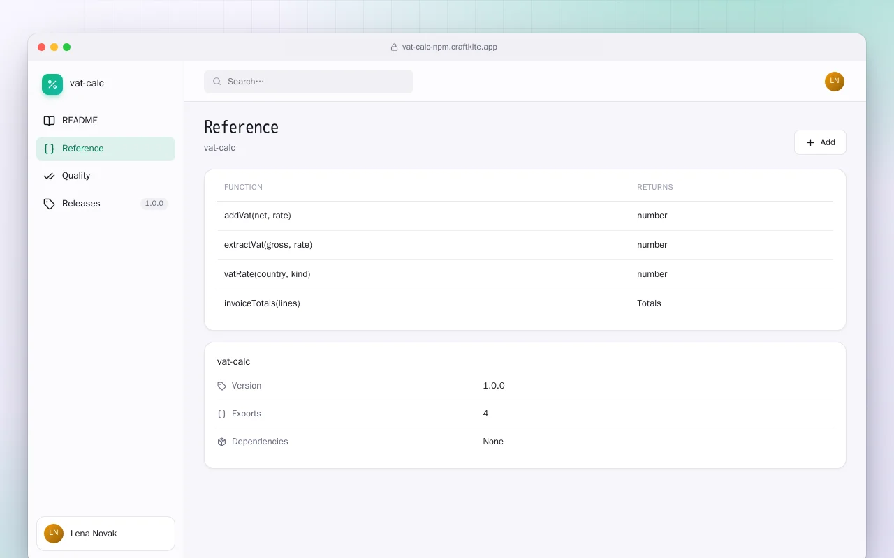 VAT Calc (TypeScript): the Reference screen