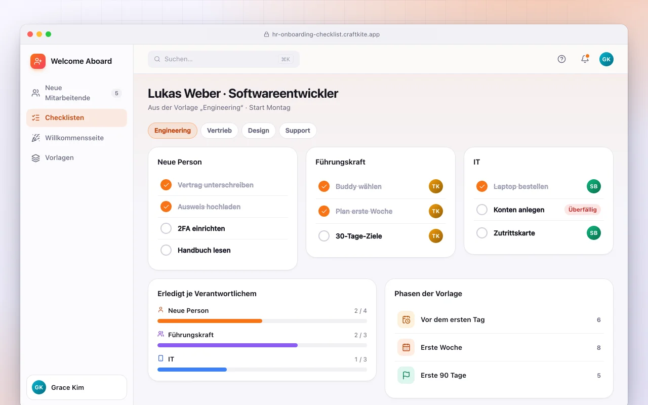Onboarding-Hub für Mitarbeitende: der Bildschirm „Lukas Weber · Softwareentwickler“