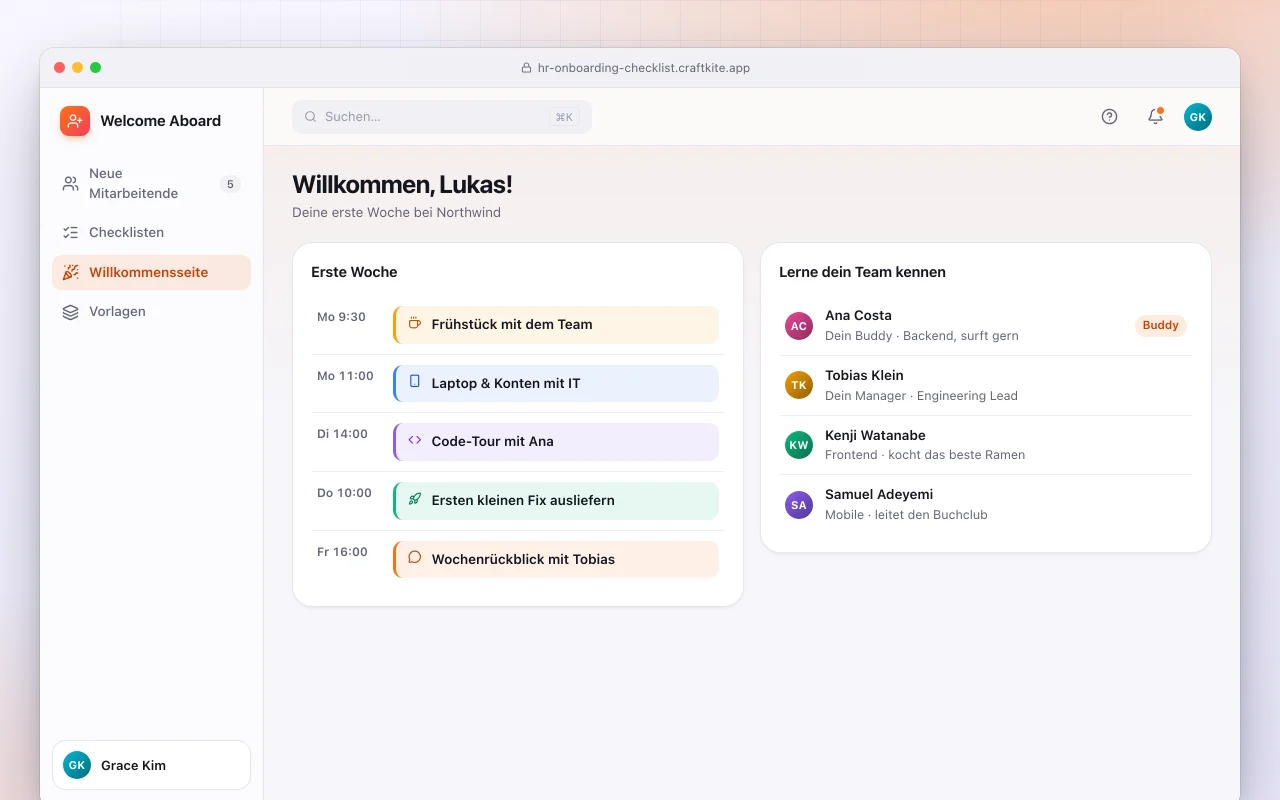 Onboarding-Hub für Mitarbeitende: der Bildschirm „Willkommen, Lukas!“