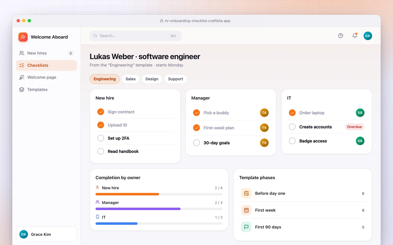 Employee onboarding hub: the Lukas Weber · software engineer screen