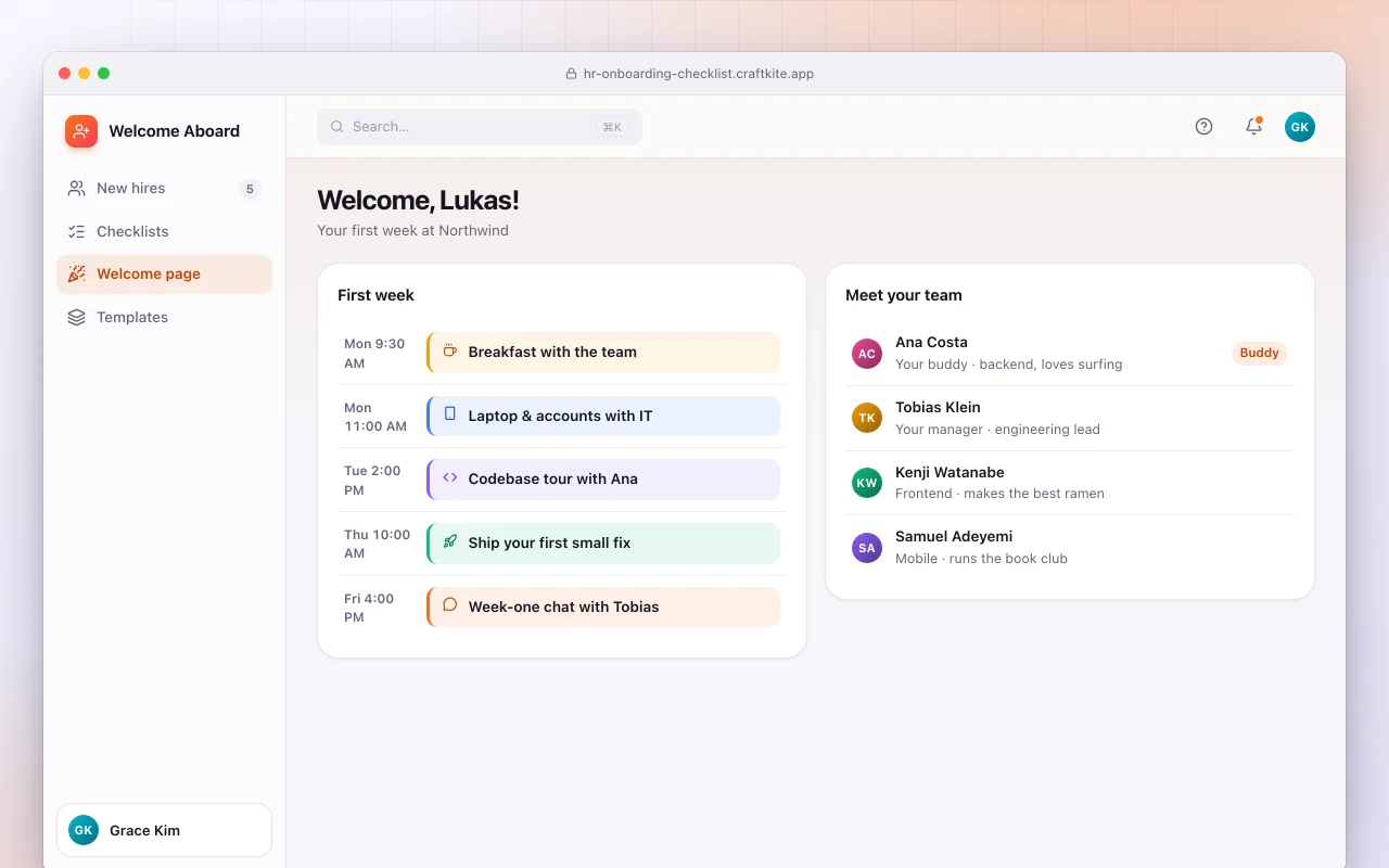 Employee onboarding hub: the Welcome, Lukas! screen