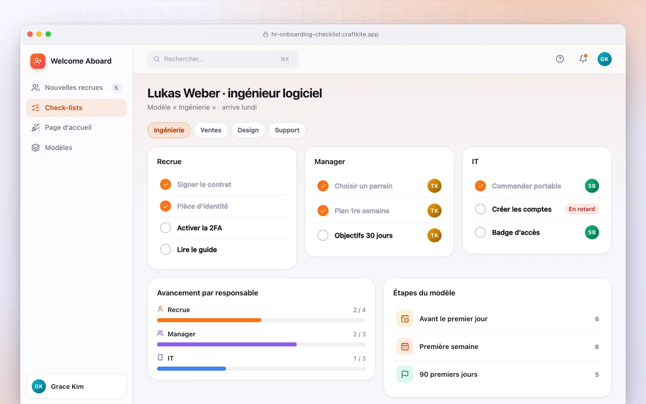 Espace d’accueil des nouveaux employés : l’écran Lukas Weber · ingénieur logiciel