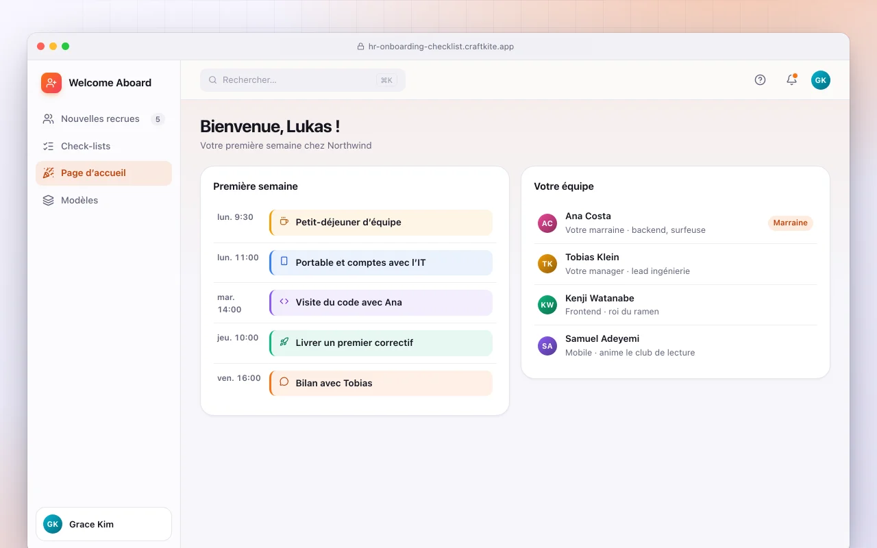 Espace d’accueil des nouveaux employés : l’écran Bienvenue, Lukas !