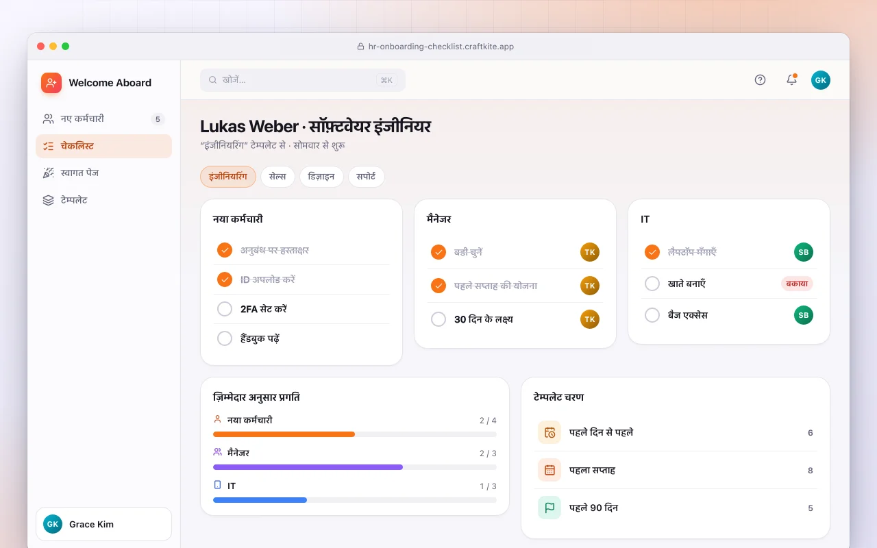 कर्मचारी ऑनबोर्डिंग हब: Lukas Weber · सॉफ़्टवेयर इंजीनियर स्क्रीन