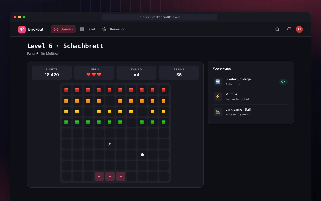 Brick Breaker: der Bildschirm „Level 6 · Schachbrett“