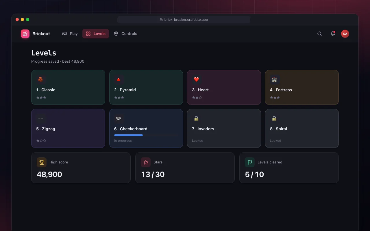 Brick breaker: the Levels screen