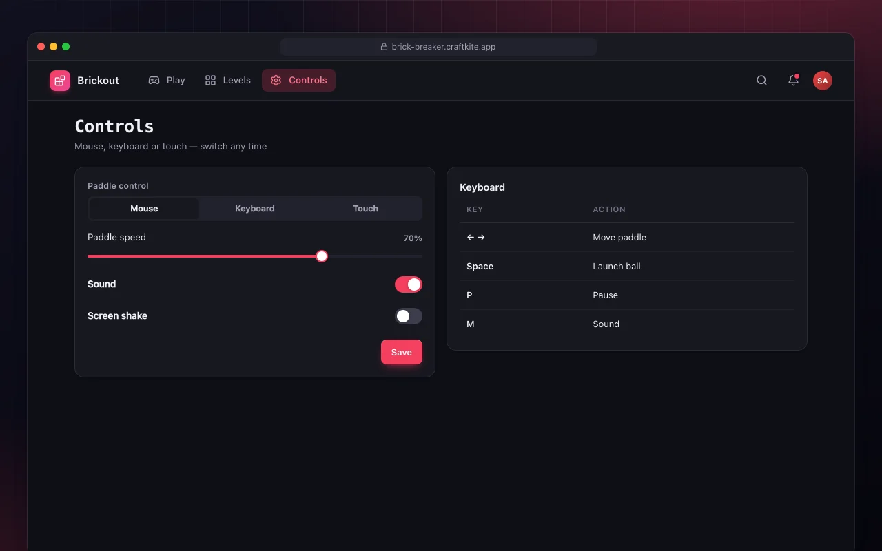 Brick breaker: the Controls screen