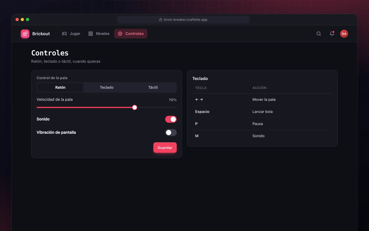 Rompeladrillos: la pantalla Controles