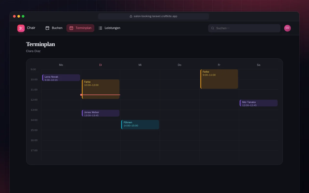 Salon-Buchung (Laravel): der Bildschirm „Terminplan“